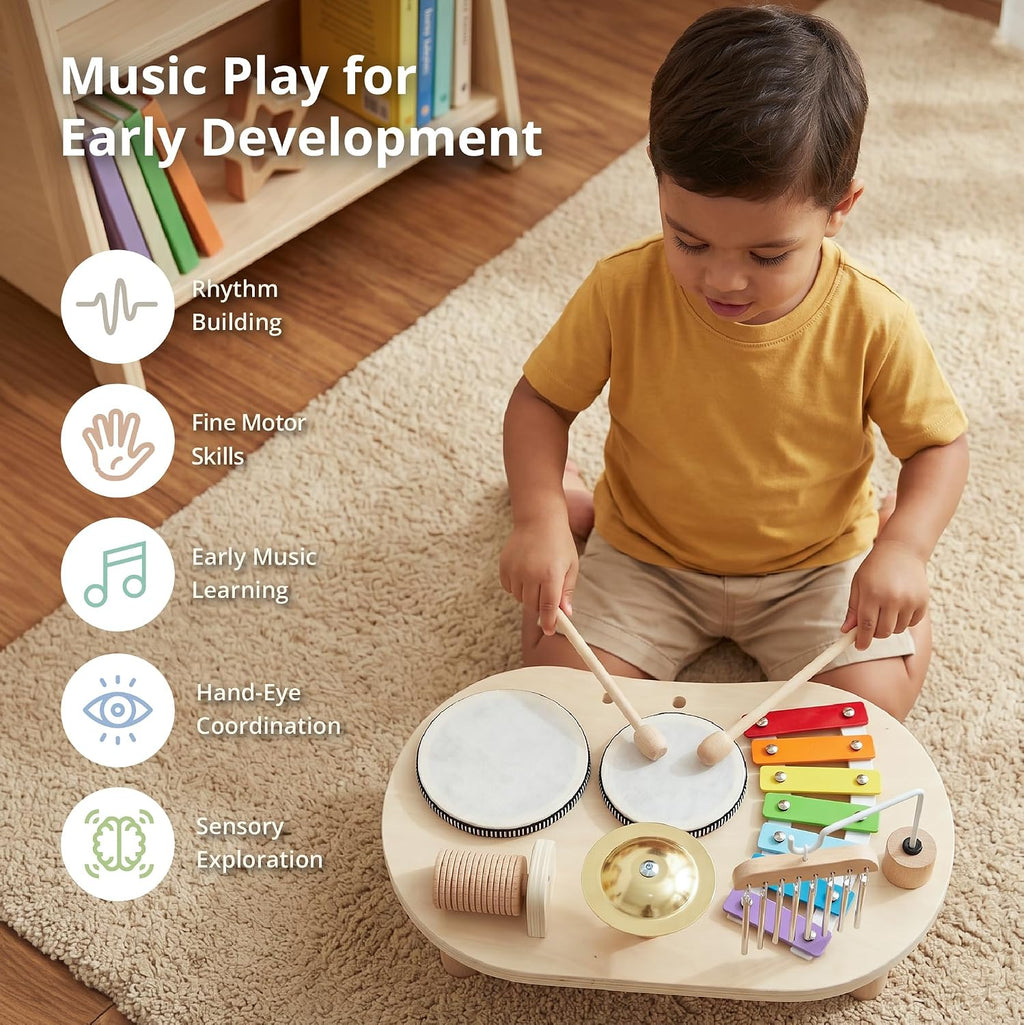 Wooden Drum Set for Toddlers 1-3, Musical Percussion Instruments for Kids Baby Drum Set Xylophone, Montessori