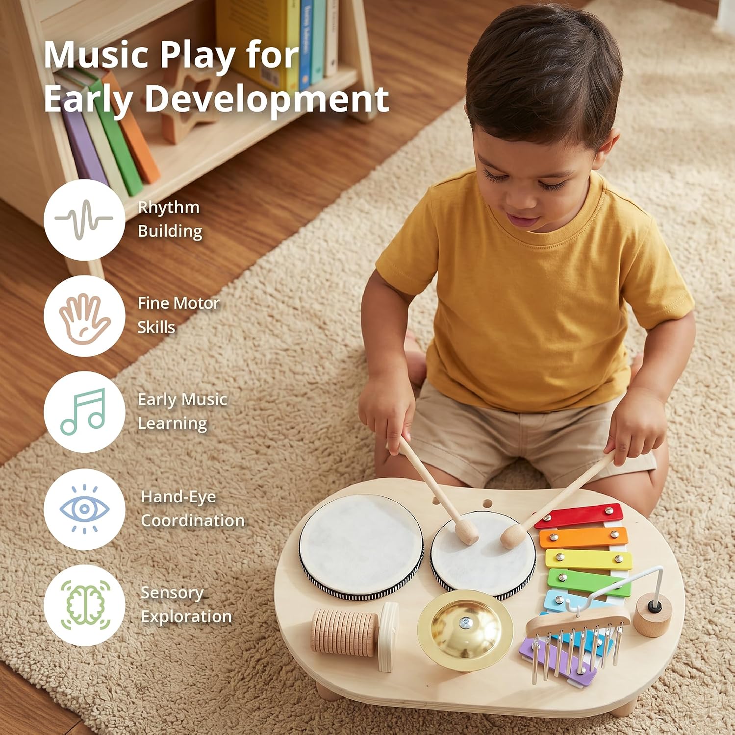 Wooden Drum Set for Toddlers 1-3, Musical Percussion Instruments for Kids Baby Drum Set Xylophone, Montessori