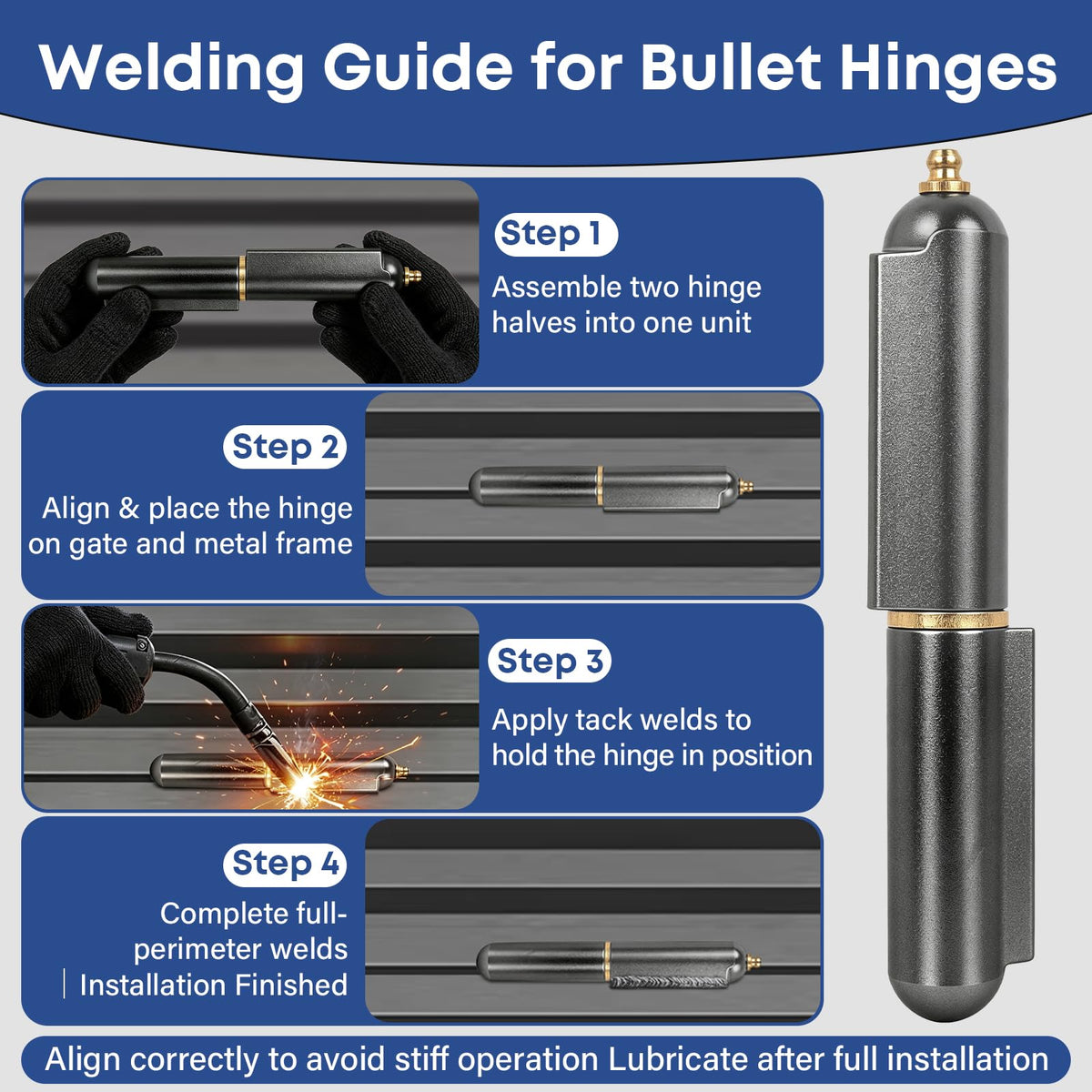 2 Pcs 10 Inch Bullet Hinge,Heavy Duty Weld On Hinges, with Grease Fitting