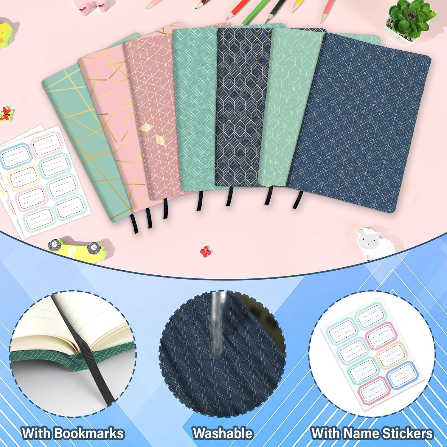 Jumbo Book Covers 7 Pack Reusable Fabric Book Cover Protective Books Covers 9 x 11 Inch Geometric Stretchable Books