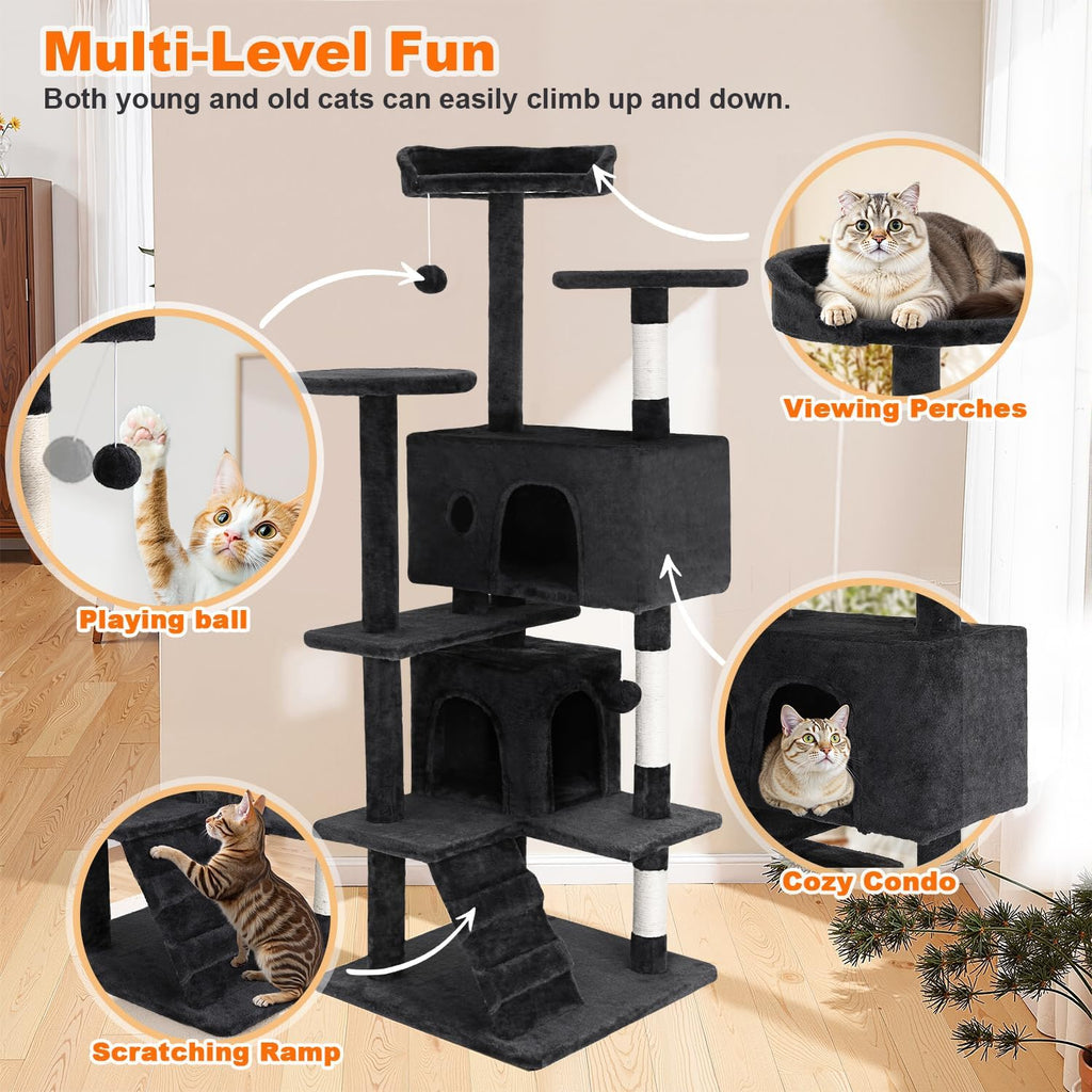 Cat Tree 54in Cat Tower Multi-Level Durable Cat Scratching Post & Cozy Fun Cat Jumping Platform Space Saving Cat