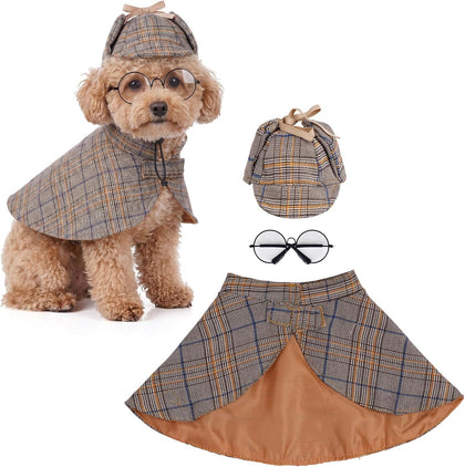 Dog Costume Set Detective Cloak Hat and Glasses for Small Dog and Cat | Pet Detective Costume for Halloween Party