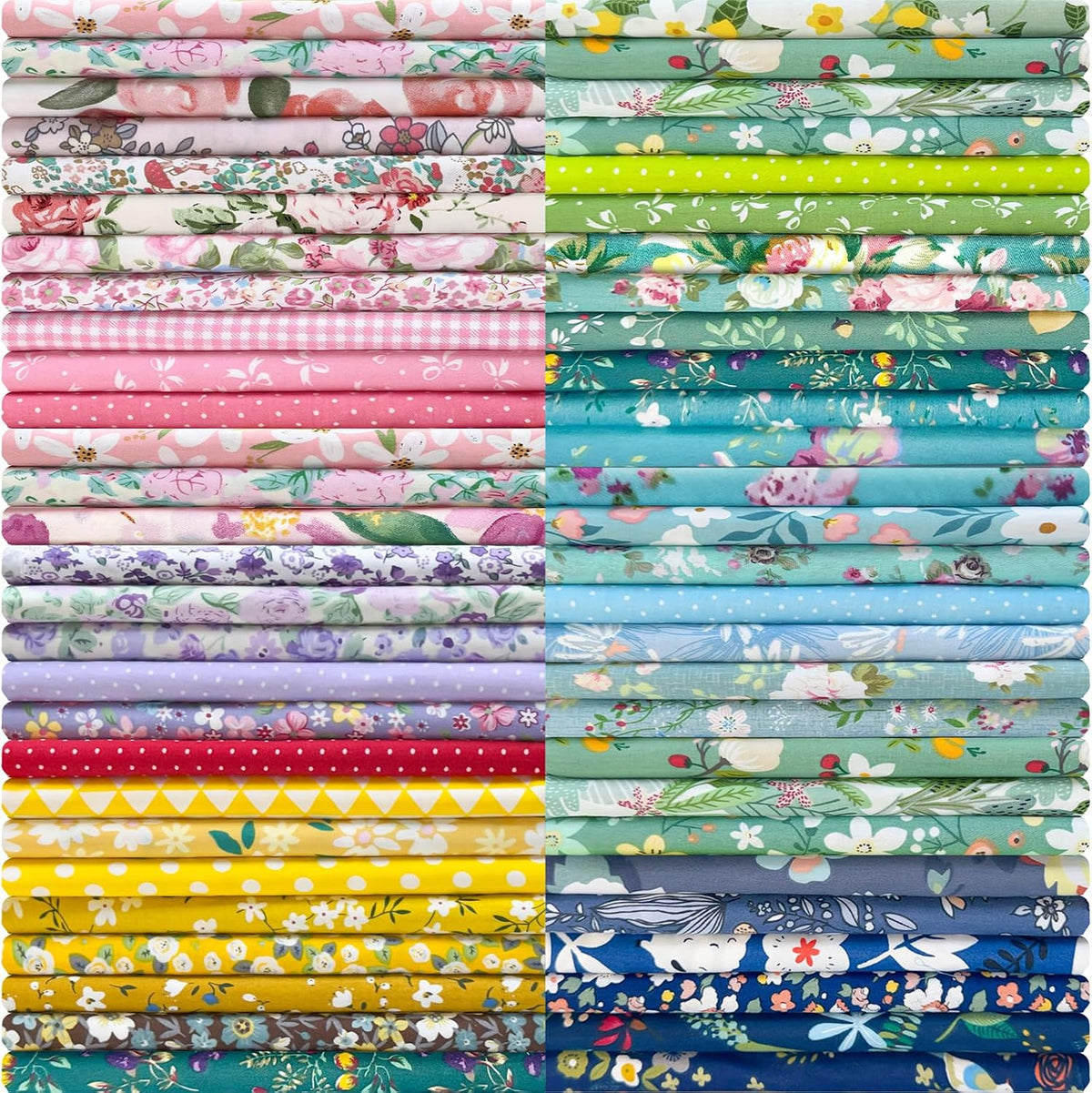 50pcs 100% Cotton Fabric Bundle 8" x 8" PreCut Fat Squares Sheets | Printed Floral Sewing Supplies for Patchwork