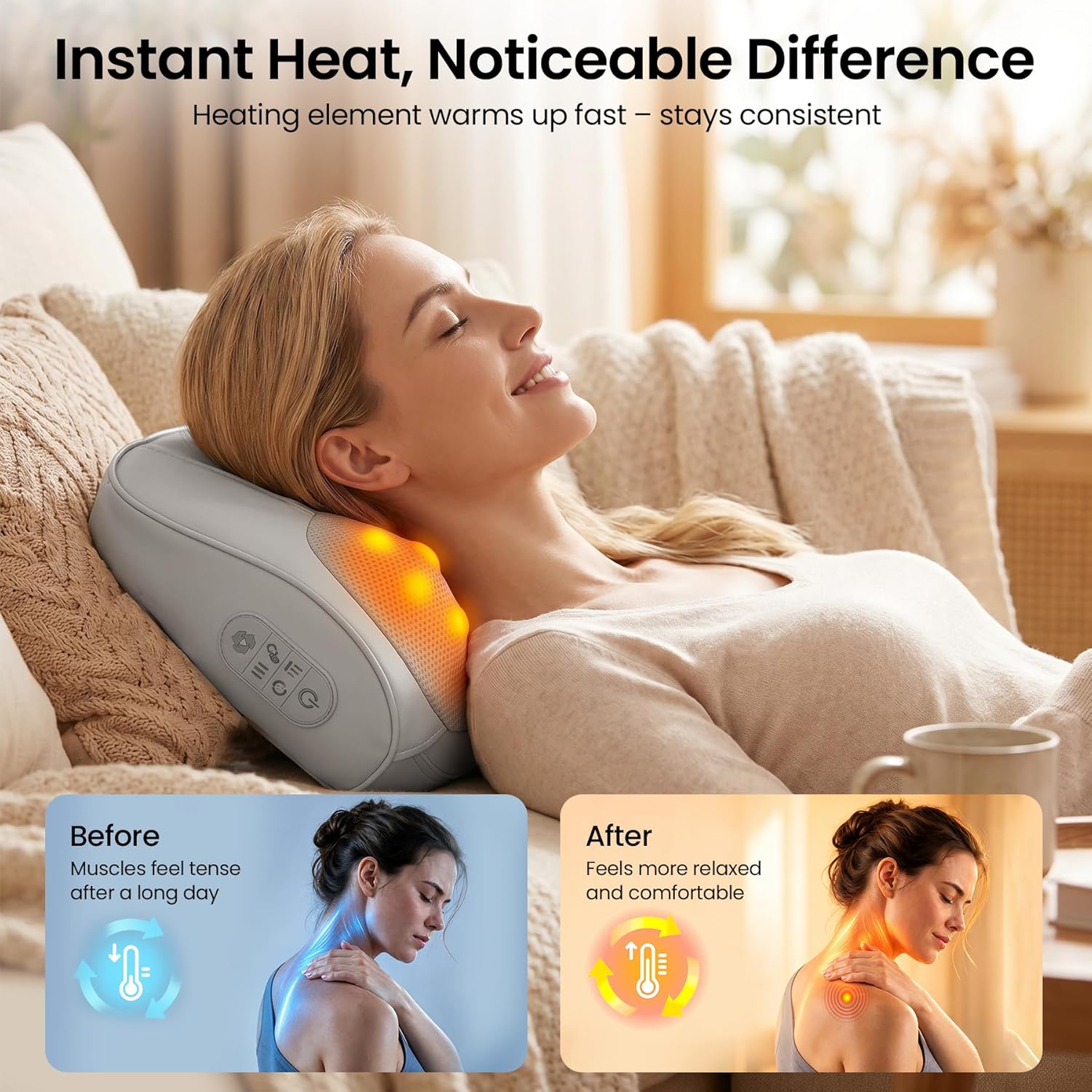 Multi-Functional Neck and Back Massager with Heat, Rechargeable Massager Pillow with 3D Kneading Deep Tissue