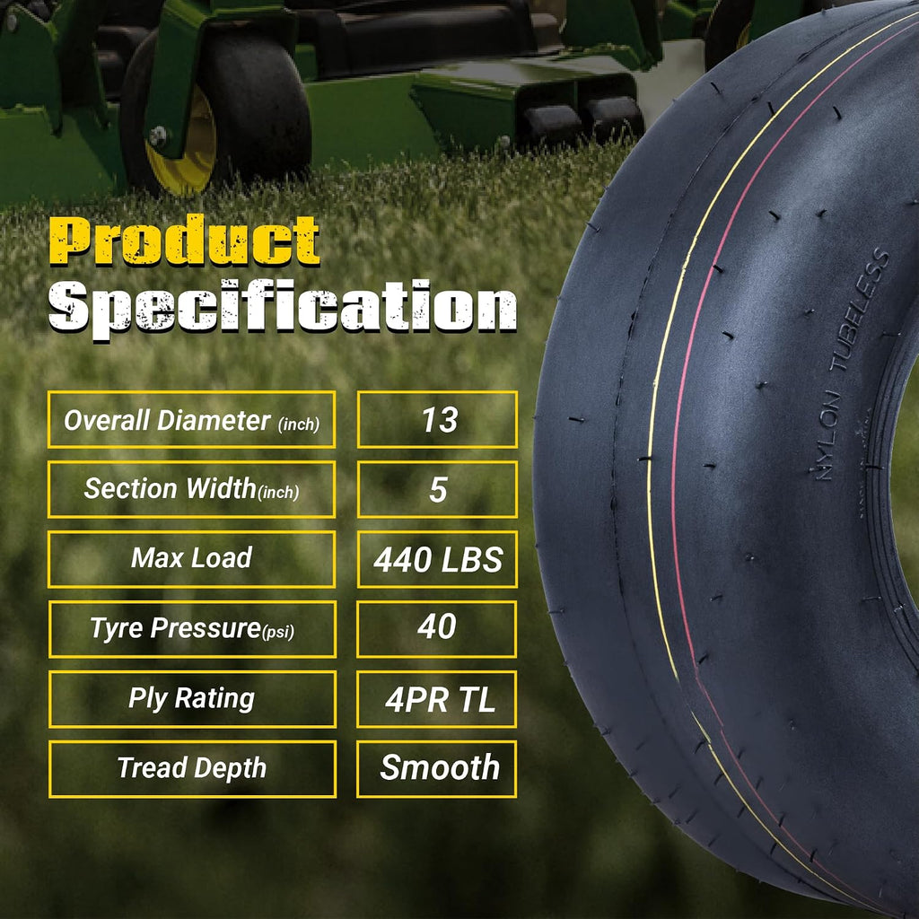 (2 Pack) 13x5.00-6 Lawn Mower Tires Tubeless, Replacement 13x5-6 Zero Turn Riding Mower Tire Smooth,4-Ply