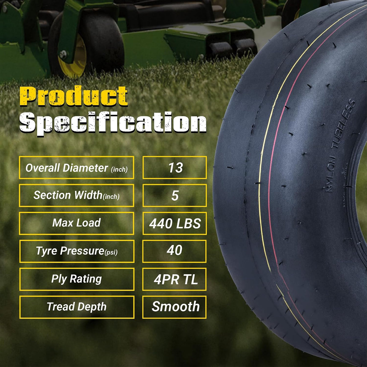 (2 Pack) 13x5.00-6 Lawn Mower Tires Tubeless, Replacement 13x5-6 Zero Turn Riding Mower Tire Smooth,4-Ply