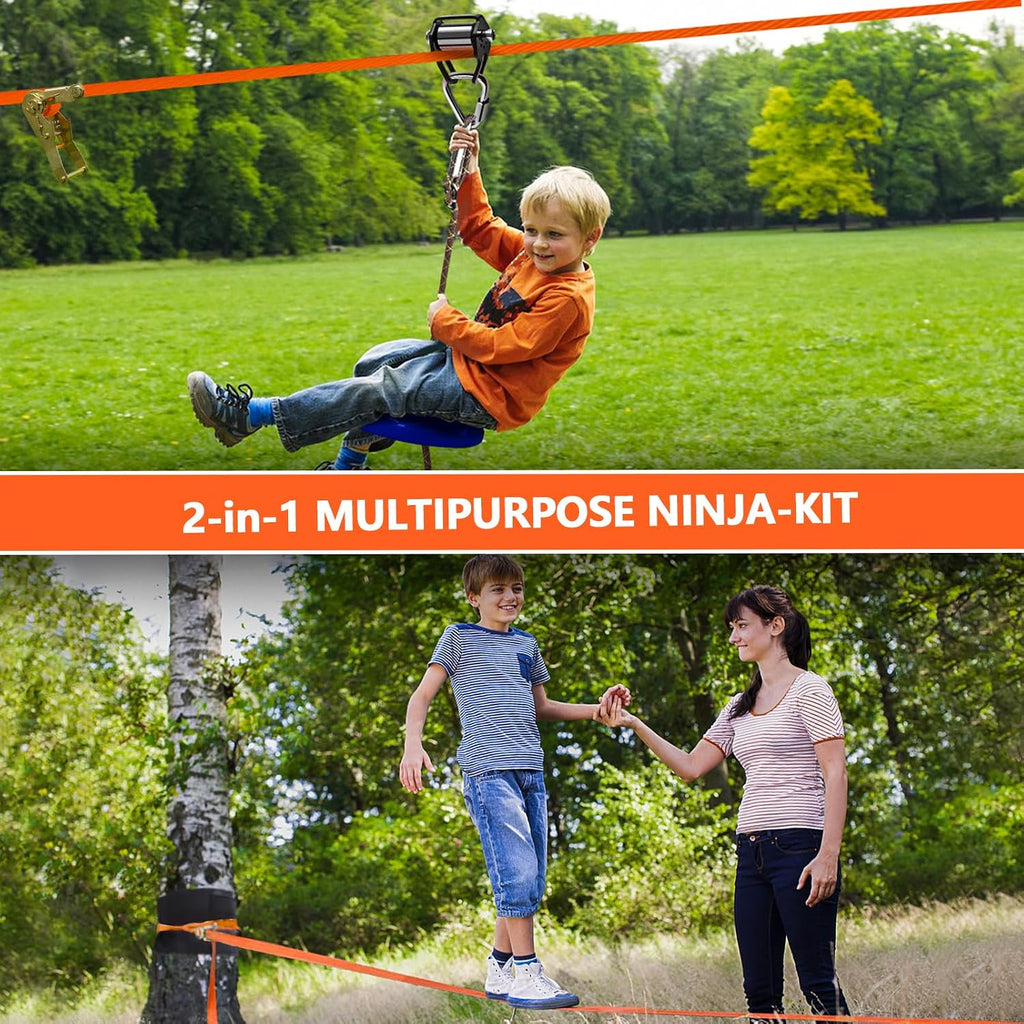 2-in-1 Zip Line Slackline Kit for Kids and Adults- Outdoor Play Equipment | Quick 5-Min Setup for Backyard Obstacle