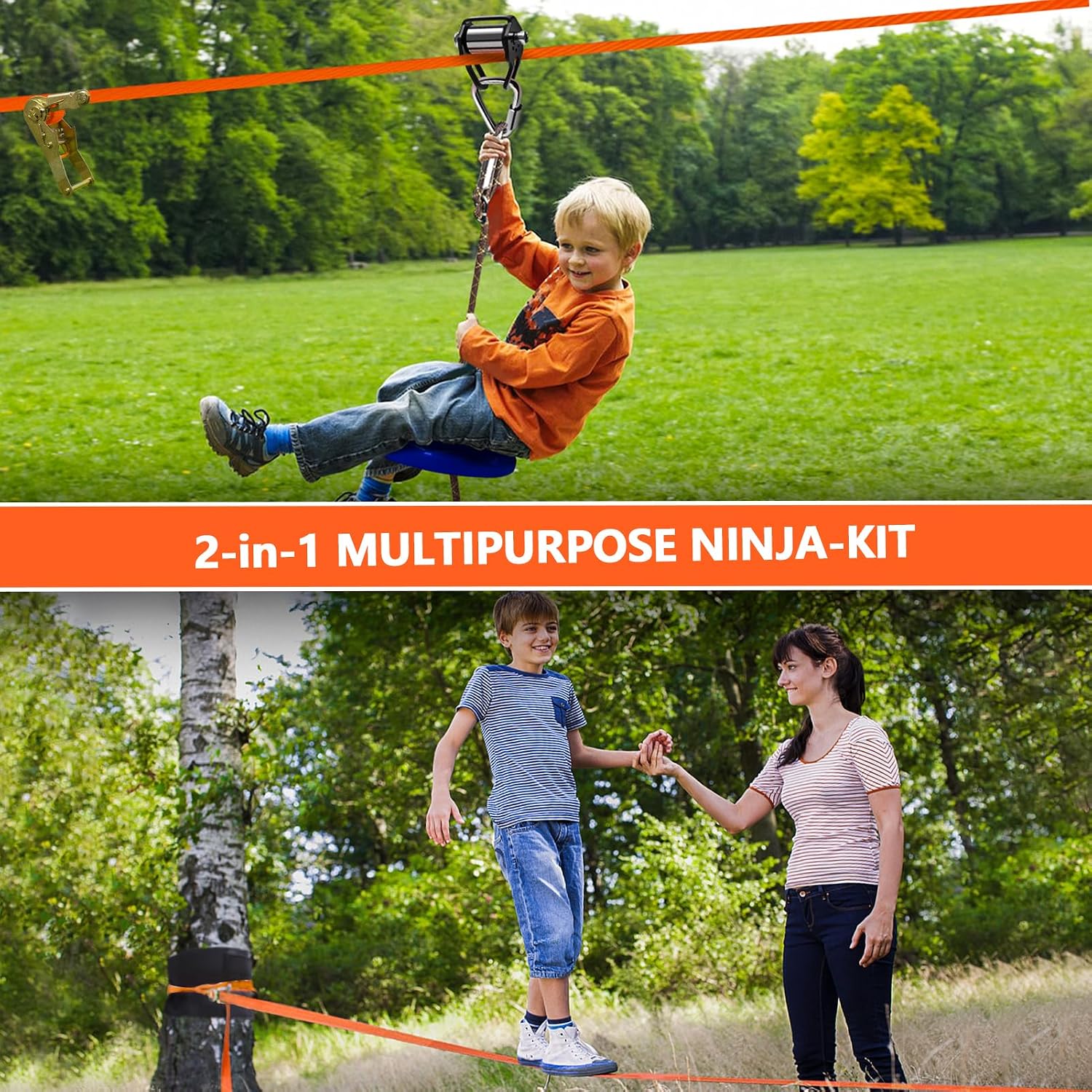 2-in-1 Zip Line Slackline Kit for Kids and Adults- Outdoor Play Equipment | Quick 5-Min Setup for Backyard Obstacle