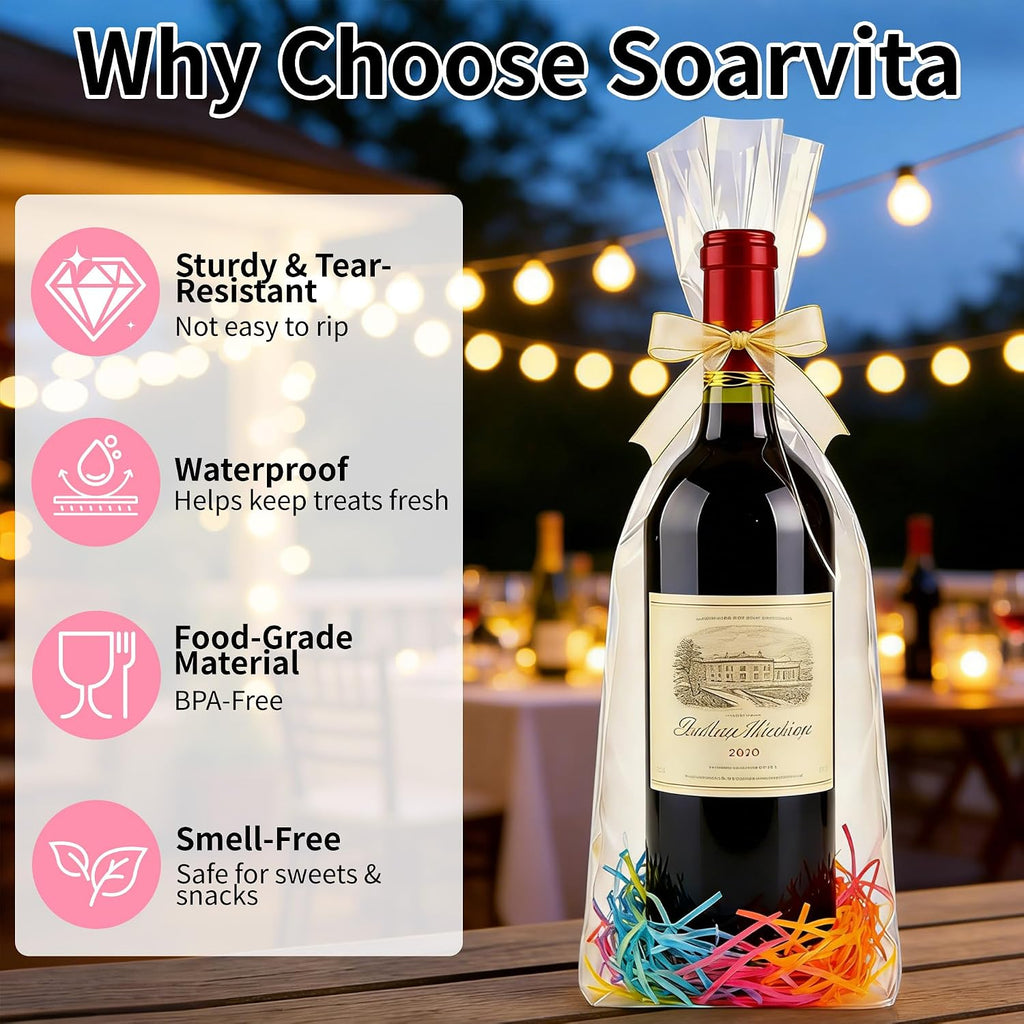 Clear Wine Bottle Gift Bags 8x16 Inch, 50 Pack Cellophane Bags