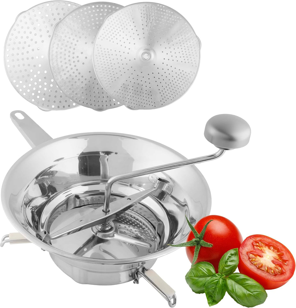 Stainless Steel Food Mill with 3 Milling Discs (Fine/Medium/Coarse) - Dishwasher Safe Rotary Food Mill for Tomato