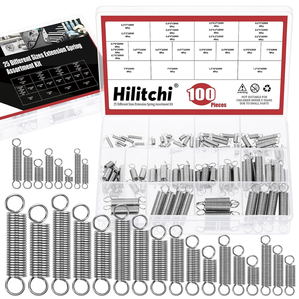 100Pcs 25Sizes Extension Spring Assortment Kit Extension Spring Stainless Steel Springs Assorted Size Small Springs