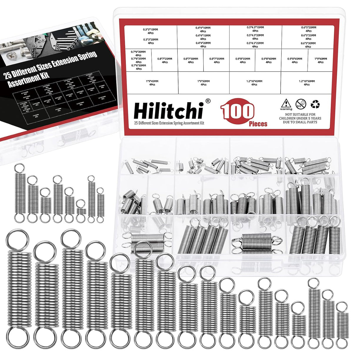 100Pcs 25Sizes Extension Spring Assortment Kit Extension Spring Stainless Steel Springs Assorted Size Small Springs