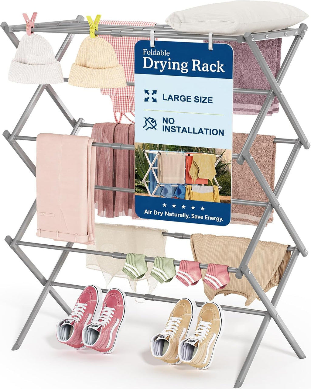 Oversize 3-Tier Clothes Drying Rack, No Install, Grey | Expandable Design, Non-slip feet, Tool-free Setup, Rust