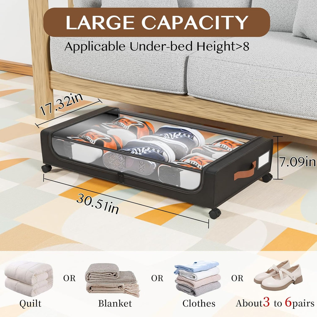Under Bed Storage with Wheels, UnderBed Storage Containers with Clear Lid and Handles, XXL 60L Under the Bed Storage