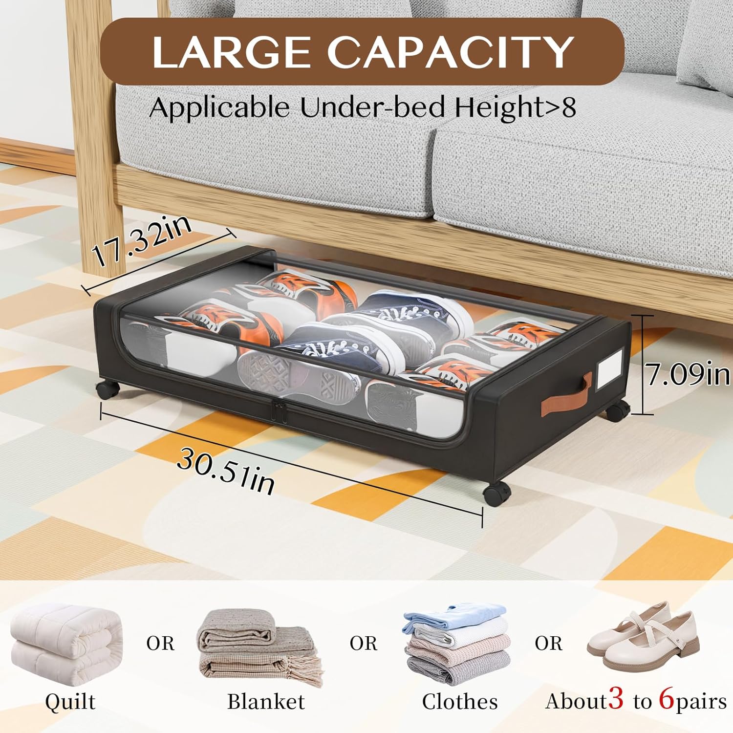 Under Bed Storage with Wheels, UnderBed Storage Containers with Clear Lid and Handles, XXL 60L Under the Bed Storage