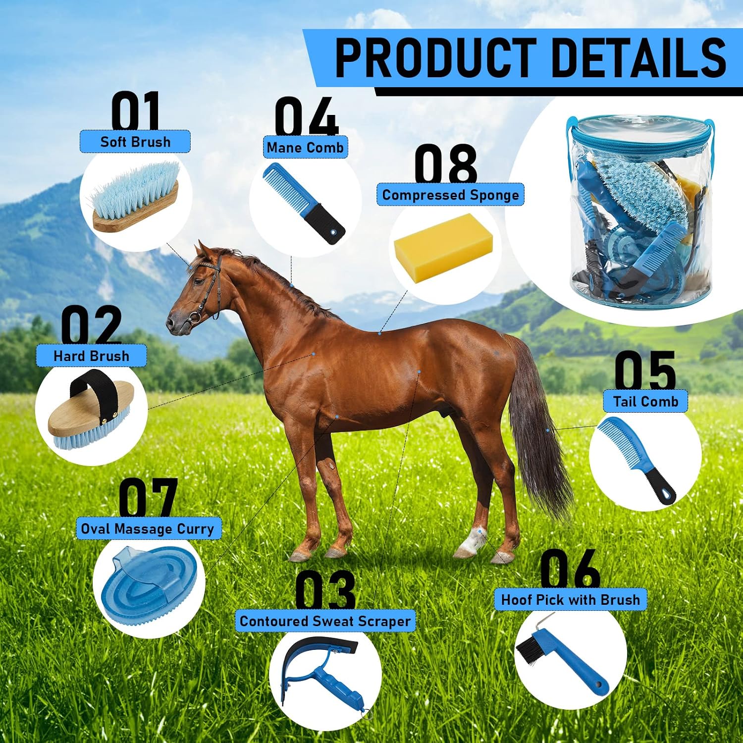 9 Pcs Horse Grooming Kit Tack Room Supplies, Cute, Blue