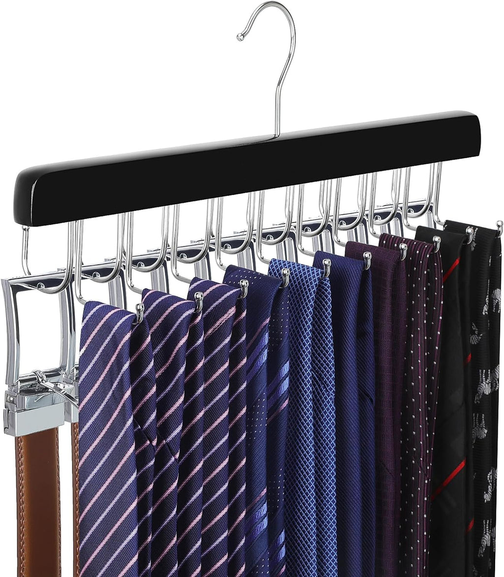 20 Hooks 2 in 1 Belt Tie Hanger for Closet Max 30 Belts with 30 Ties Capacity, Belt Tie Racks Wooden Hanger for