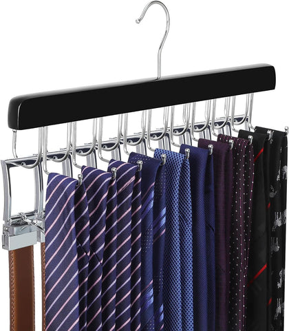 20 Hooks 2 in 1 Belt Tie Hanger for Closet Max 30 Belts with 30 Ties Capacity, Belt Tie Racks Wooden Hanger for