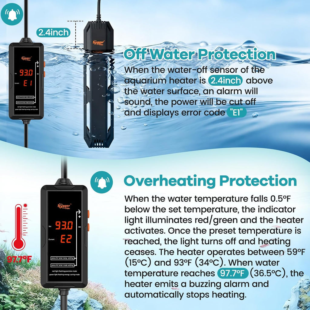 500W Aquarium Submersible Heater with Controller for 65–130 Gal Tank