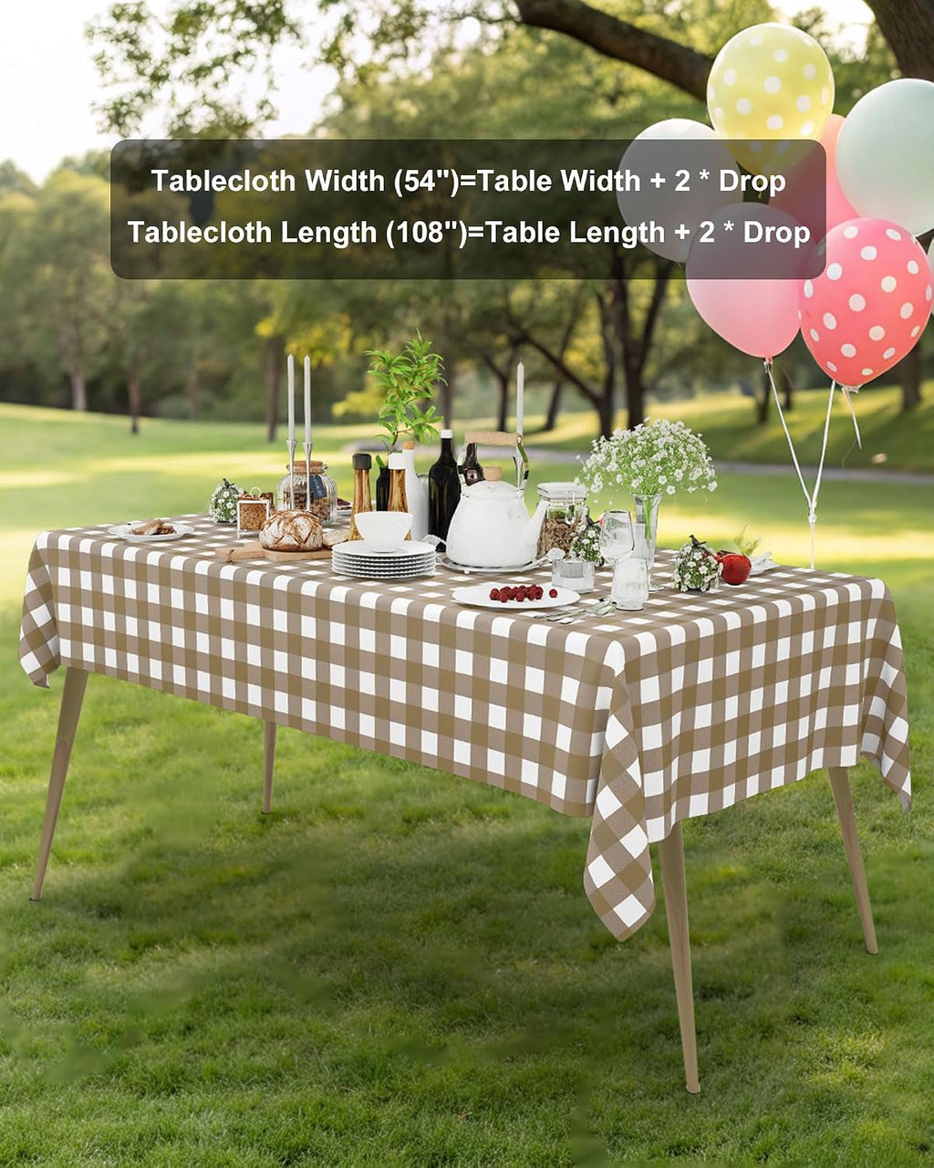 8 Packs Gingham Disposable Table Cloth, 54 x 108 Inch Waterproof Plastic Tablecloth, Rectangle Khaki and White