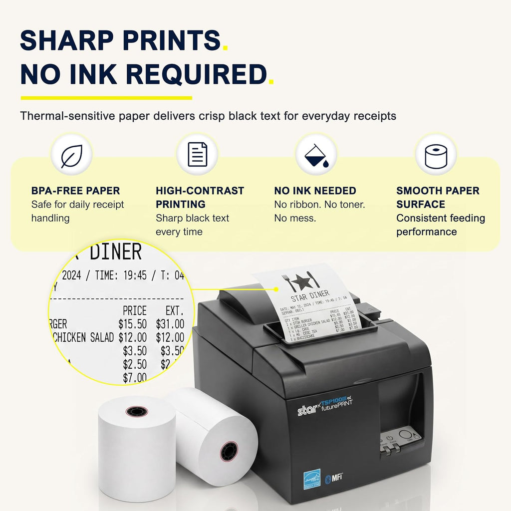 Receipt Paper Roll 3 1/8 x 230 for Square Register and Square POS System connected to Star Micronics Thermal Printer