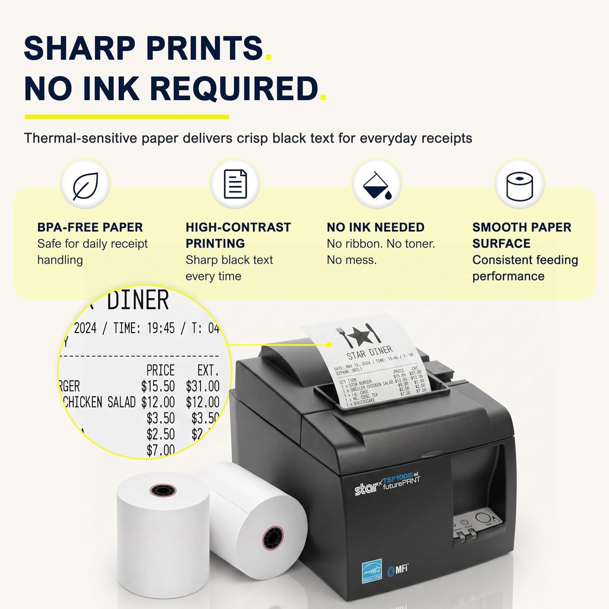 Receipt Paper Roll 3 1/8 x 230 for Square Register and Square POS System connected to Star Micronics Thermal Printer