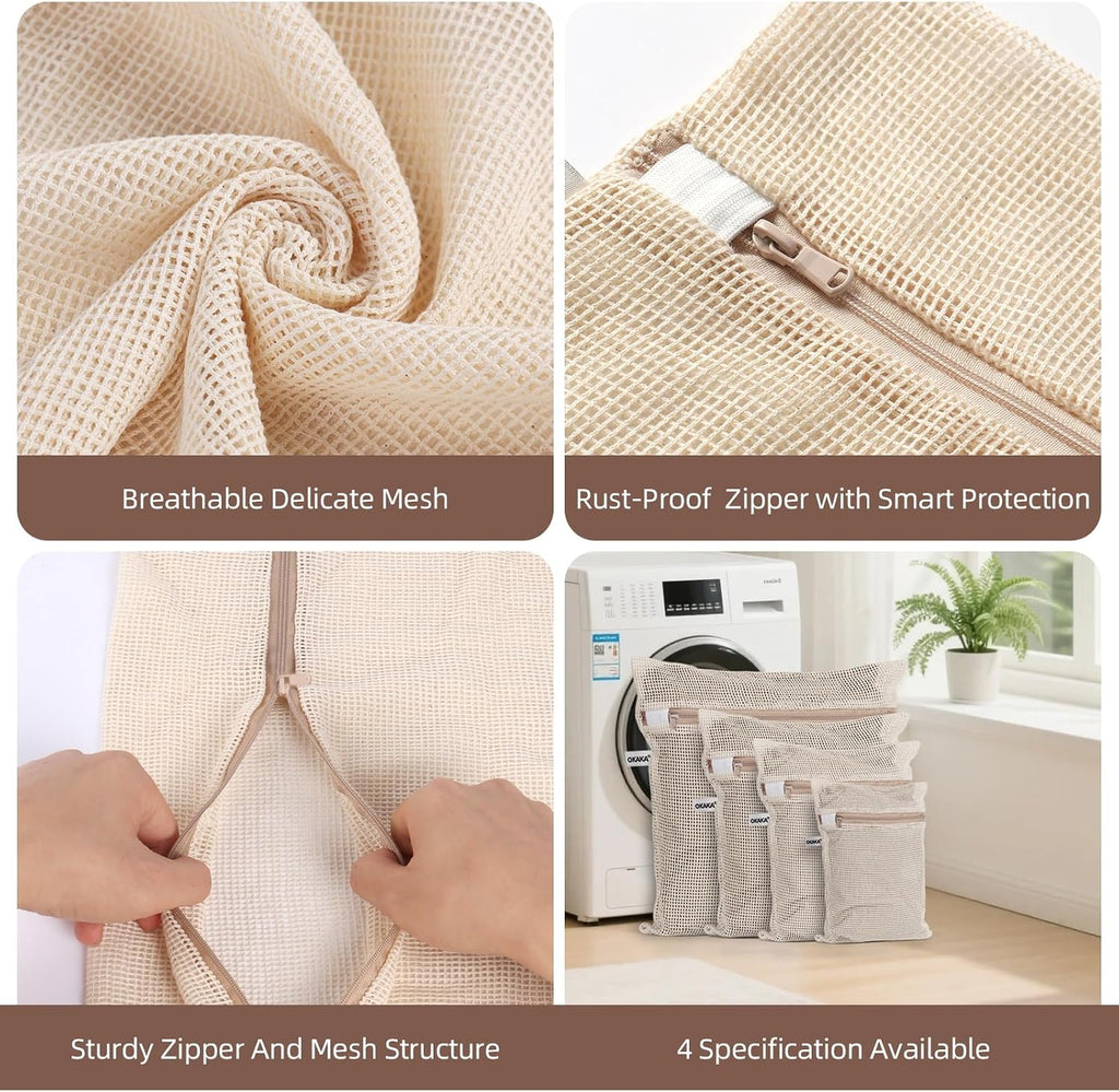 100% Cotton Mesh Laundry Bags, Premium Soft, No Dye, Set of 4, Natural