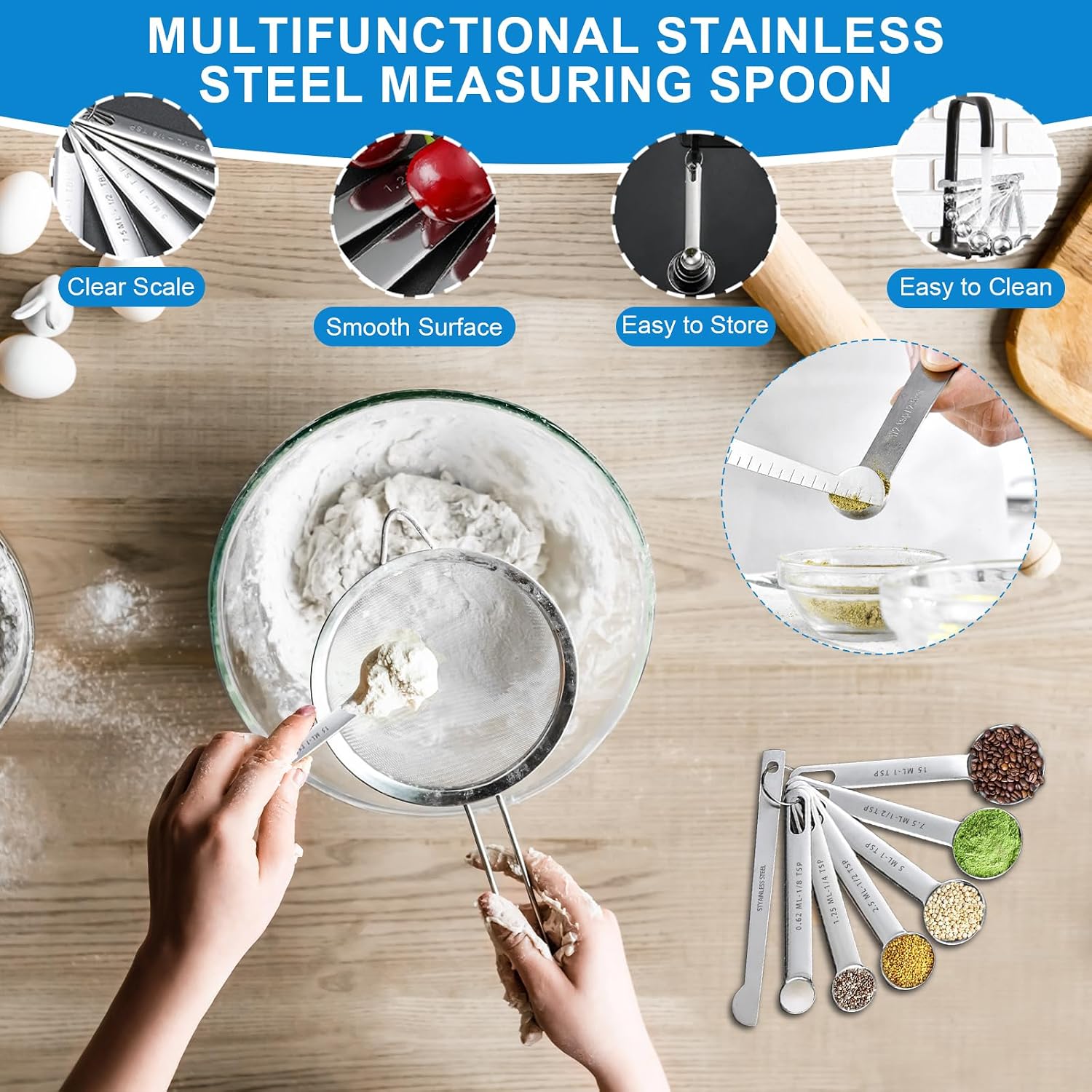 Measuring Cups and Spoons Set 21 Piece, 11 Stainless Steel Nesting Measuring Spoons and Cups with 3 Plastic Measuring