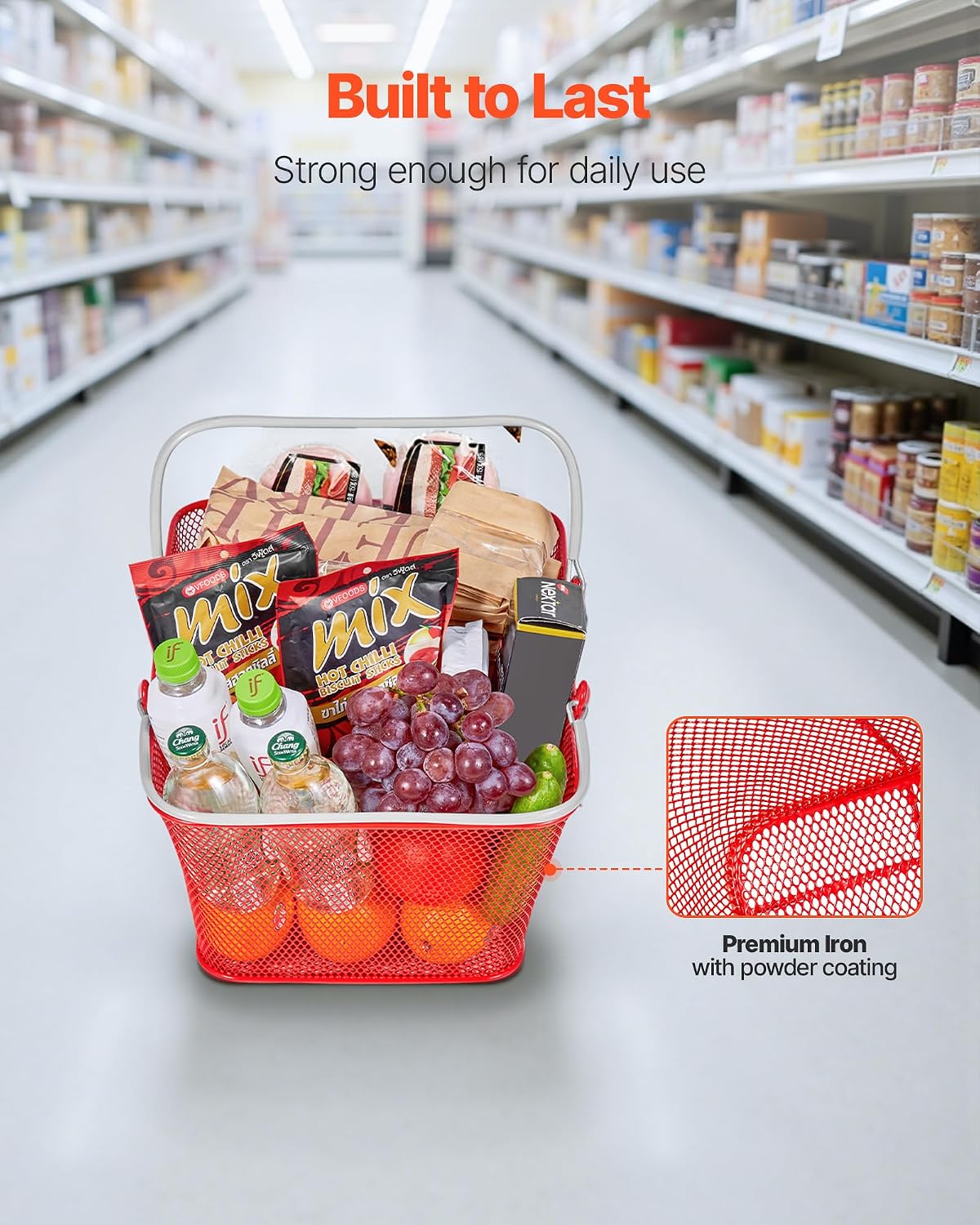 Shopping Baskets, 12 PCS, 22L Stackable Metal Grocery Baskets with Handles, Dense Mesh Structure, Holds up to 44 lbs