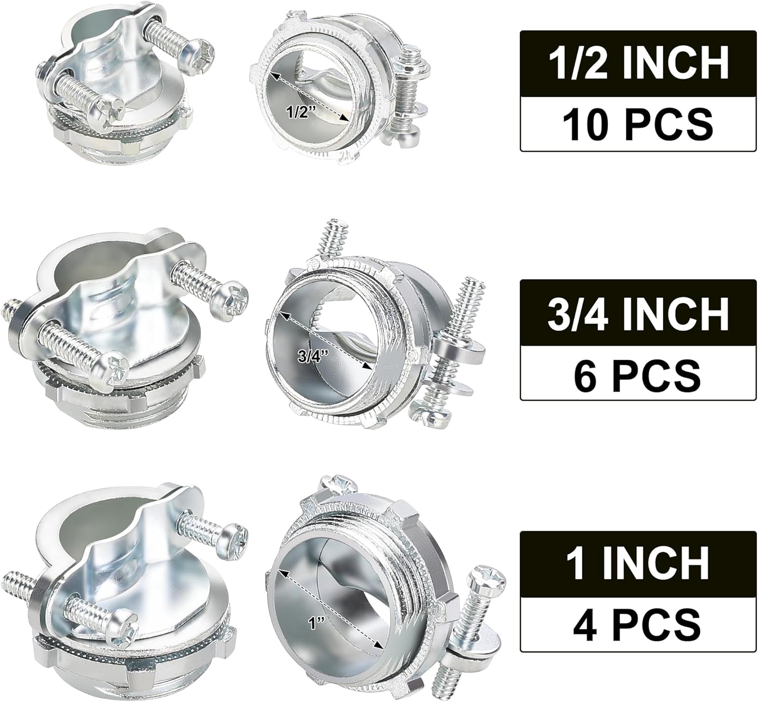 Cable Connectors, 20PCS 1/2" 3/4" 1” Clamp Type Cable Connectors Assortment for Metallic Conduit Protect Cables