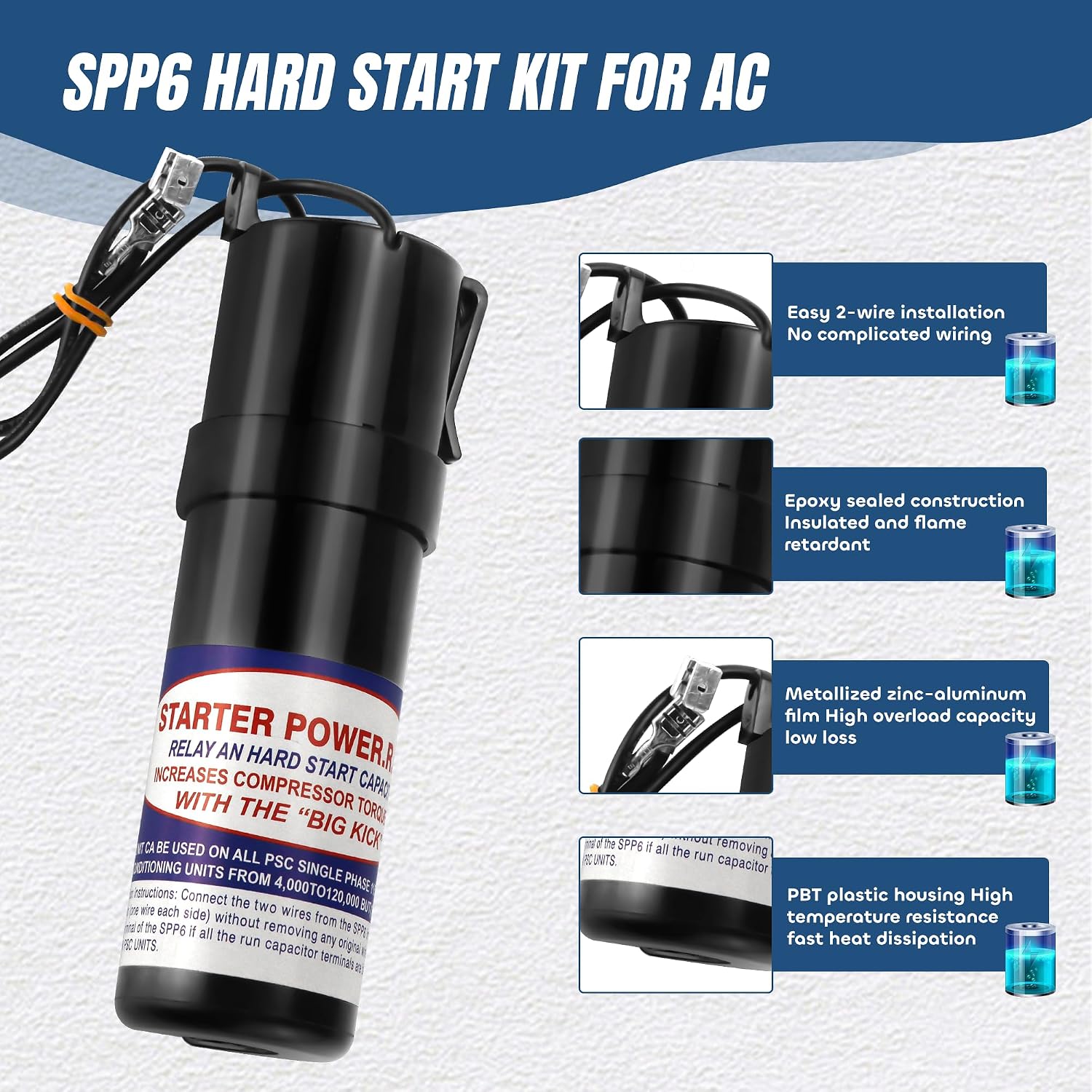 SPP6 Hard Start Capacitor for AC Compressor 115-288V AC | (1/2 Thru 10 H.P.) Compatible with Supco Relay Increases