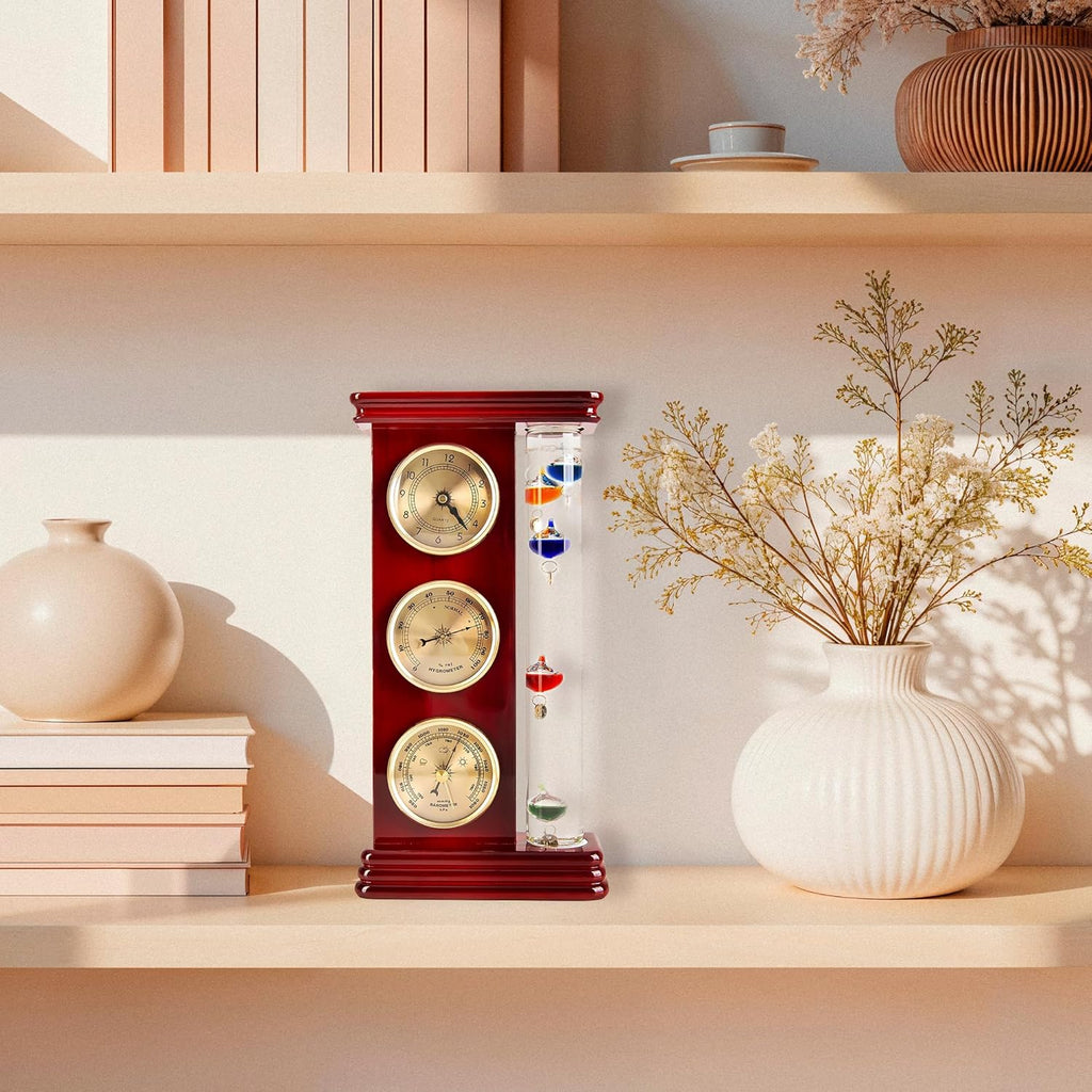 Classic Analog Weather Station with Galileo Thermometer,Barometer,Hygrometer,and Precision Quartz Clock.Home