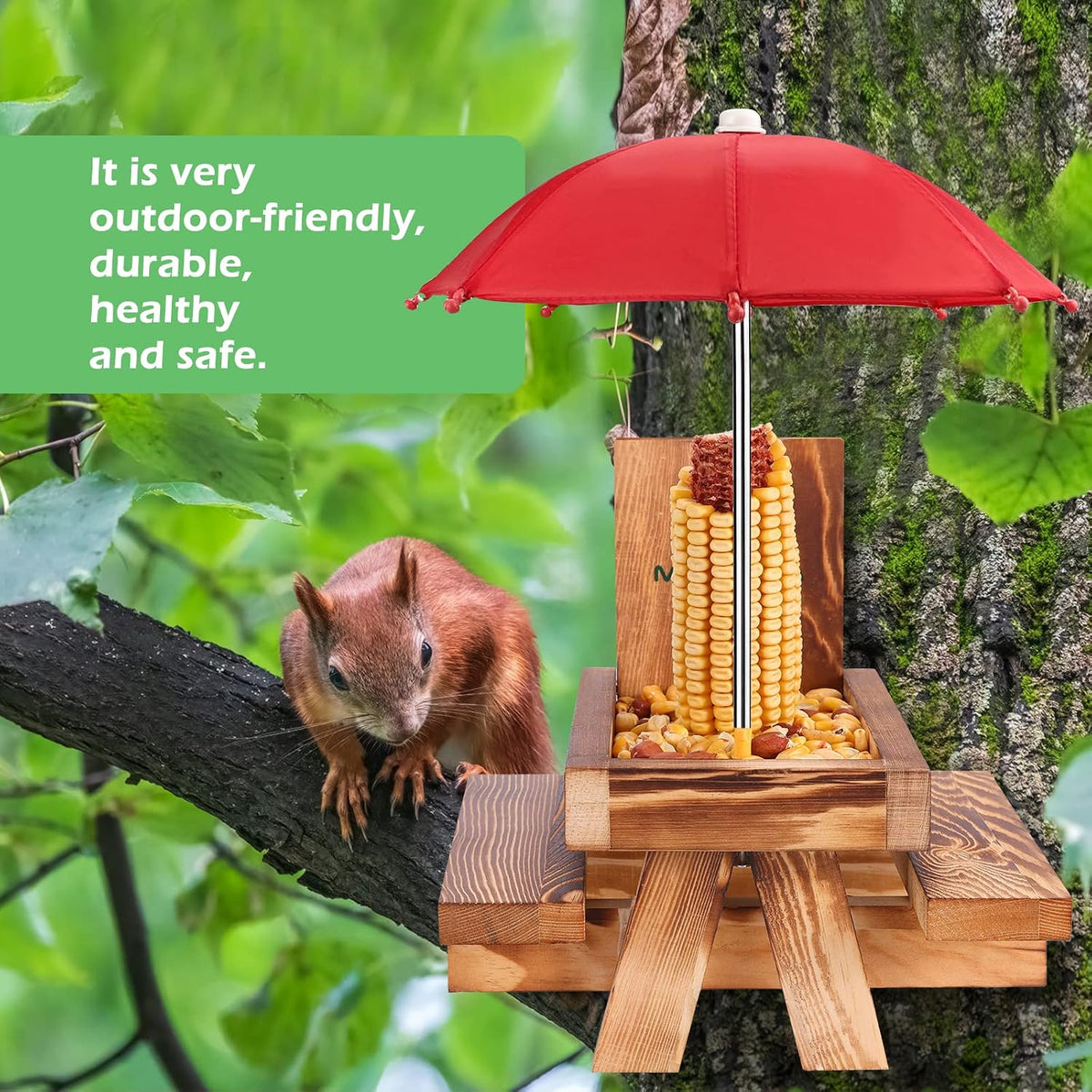 Squirrel Feeder Picnic Table with Tall Umbrella, Wooden Squirrel Feeders for Outside, Cute Chipmunk Feeder with Corn