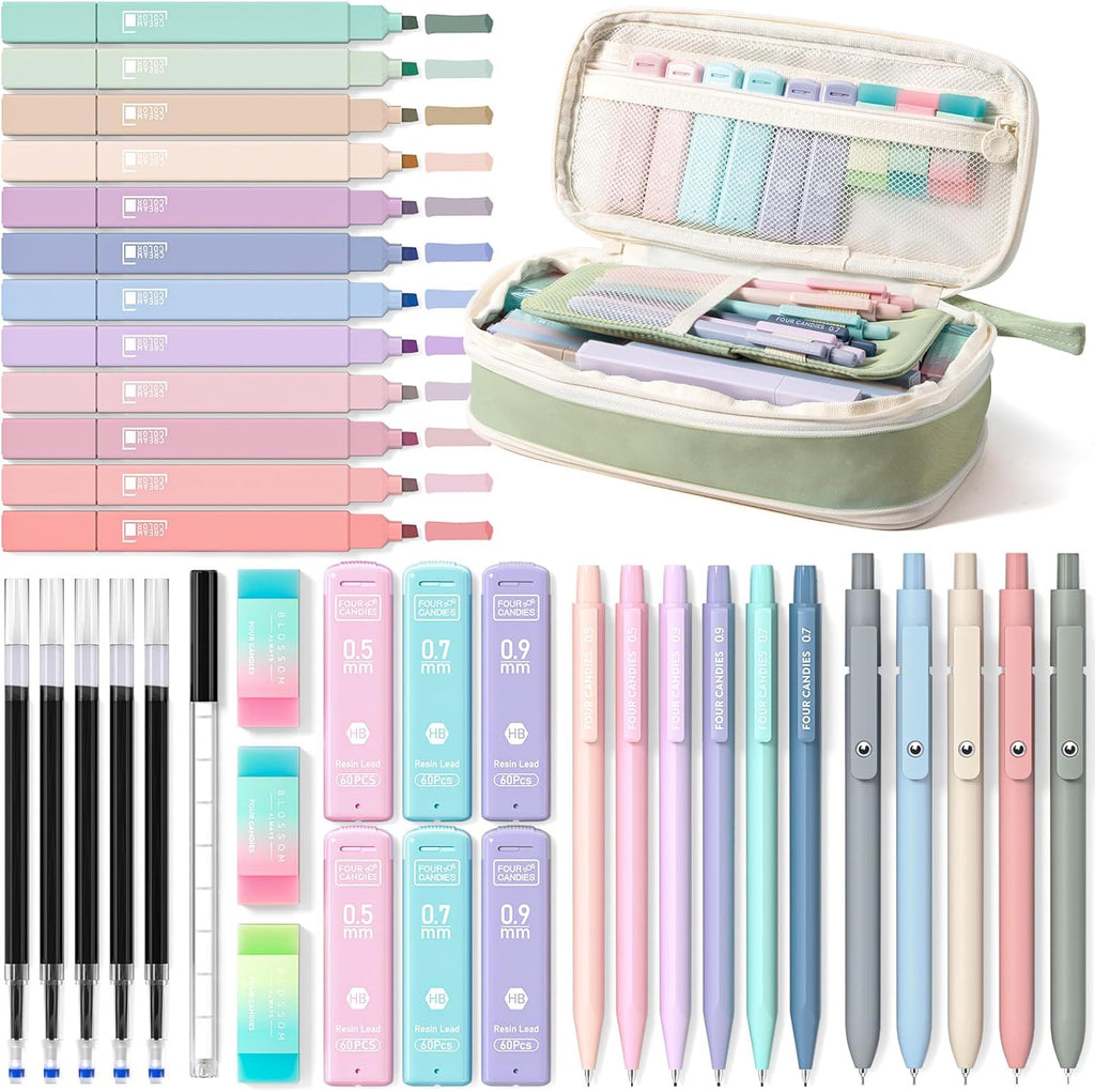 School Supplies with Cute Pen Case, 39ct Green | Back to School Stationery Set, Essentials for College & Nursing