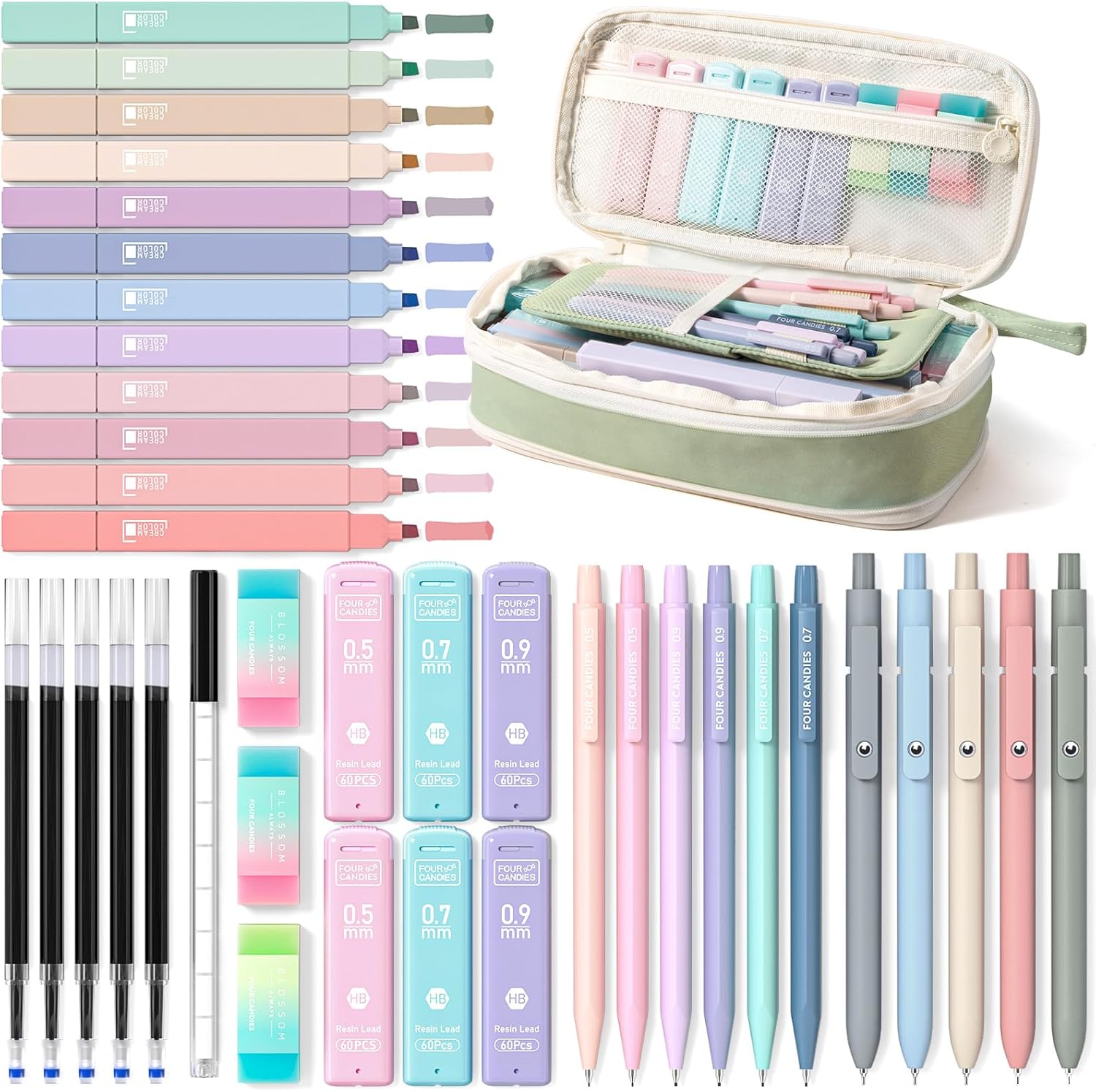 School Supplies with Cute Pen Case, 39ct Green | Back to School Stationery Set, Essentials for College & Nursing