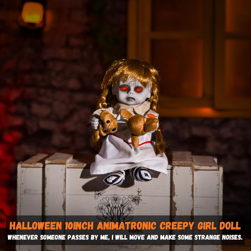 Halloween Animatronic 10inch Creepy Girl Doll, Halloween Animated Decorations with Sound Activated Spooky Sound