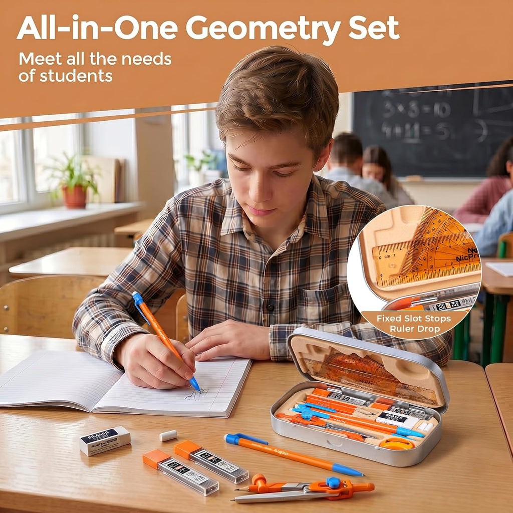 17 PCS Compass Geometry Set with Rulers, Protractors, Drafting Tool | Math for Students with Rulers, Mechanical