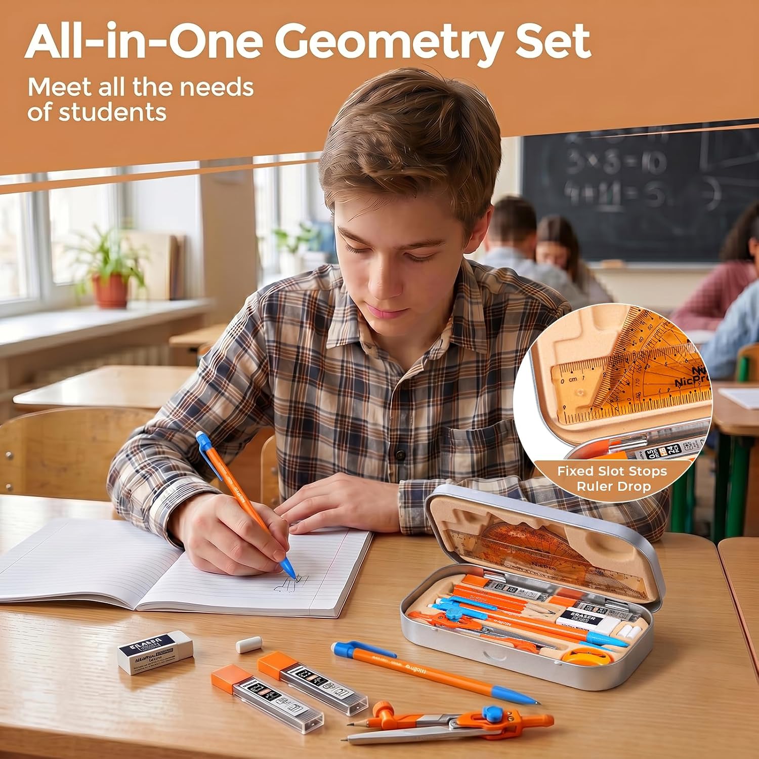 17 PCS Compass Geometry Set with Rulers, Protractors, Drafting Tool | Math for Students with Rulers, Mechanical