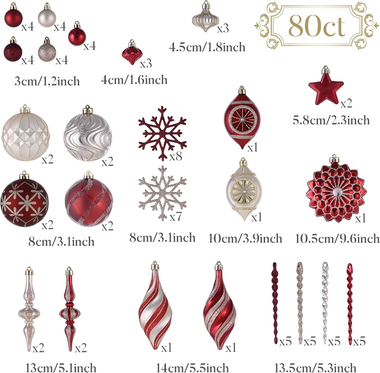 Christmas Tree Ornaments Set, 80ct Burgundy and Gold Shatterproof Christmas Tree Decorations Bulk, Luxury Hanging