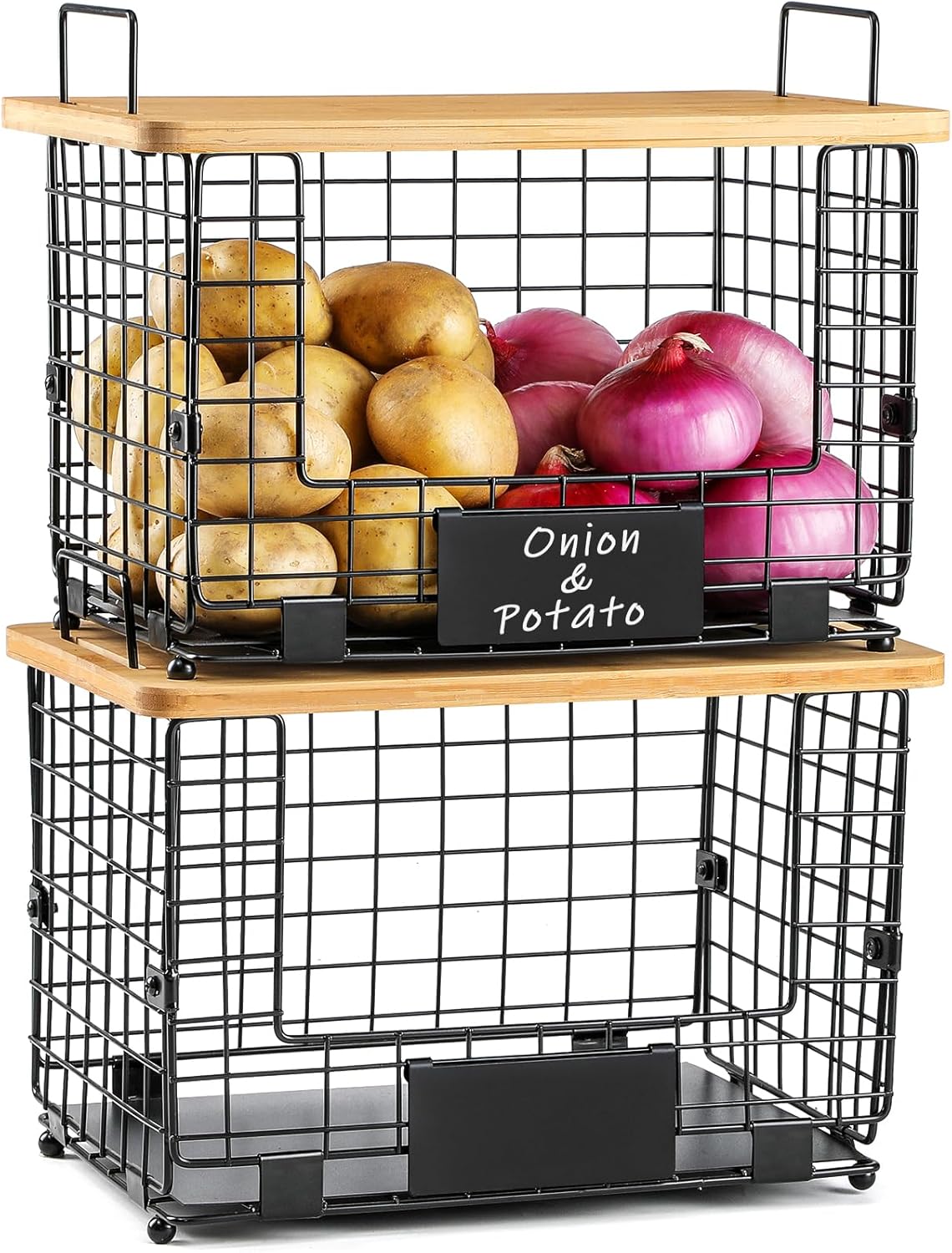 2 Set XL Stackable Wire Basket with Bamboo Tops & Tags- Pantry Organizer and Storage Bins, Kitchen Counter Cabinet