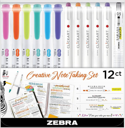 Creative Notetaking Set 12-Pack, Includes 6 Highlighters, 5 CLiCKART Retractable Marker Pens, and 1 Sarasa