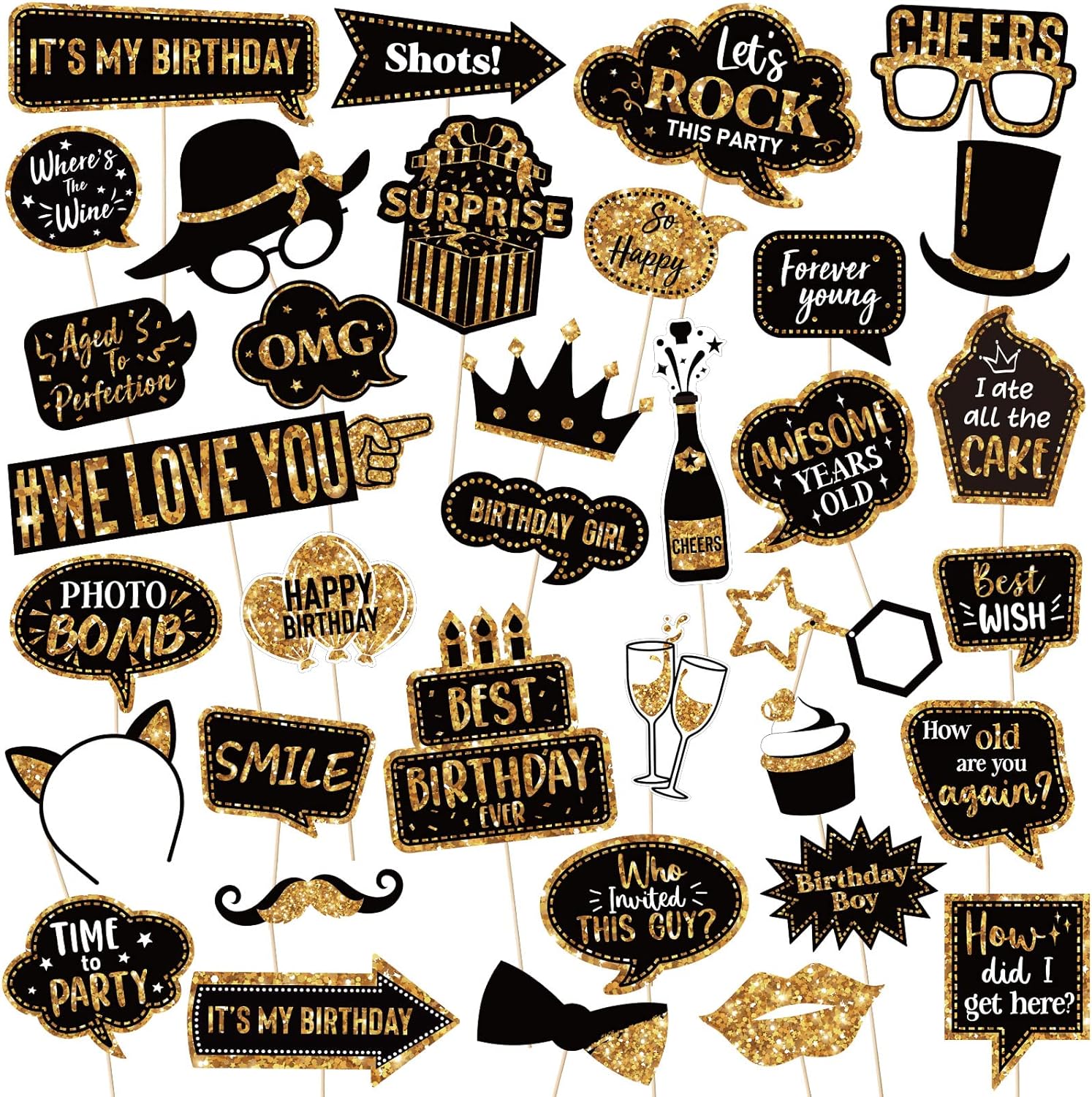 36 Pcs Birthday Photo Booth Props Kit,Gold and Black