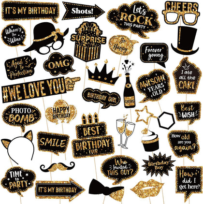 36 Pcs Birthday Photo Booth Props Kit,Gold and Black