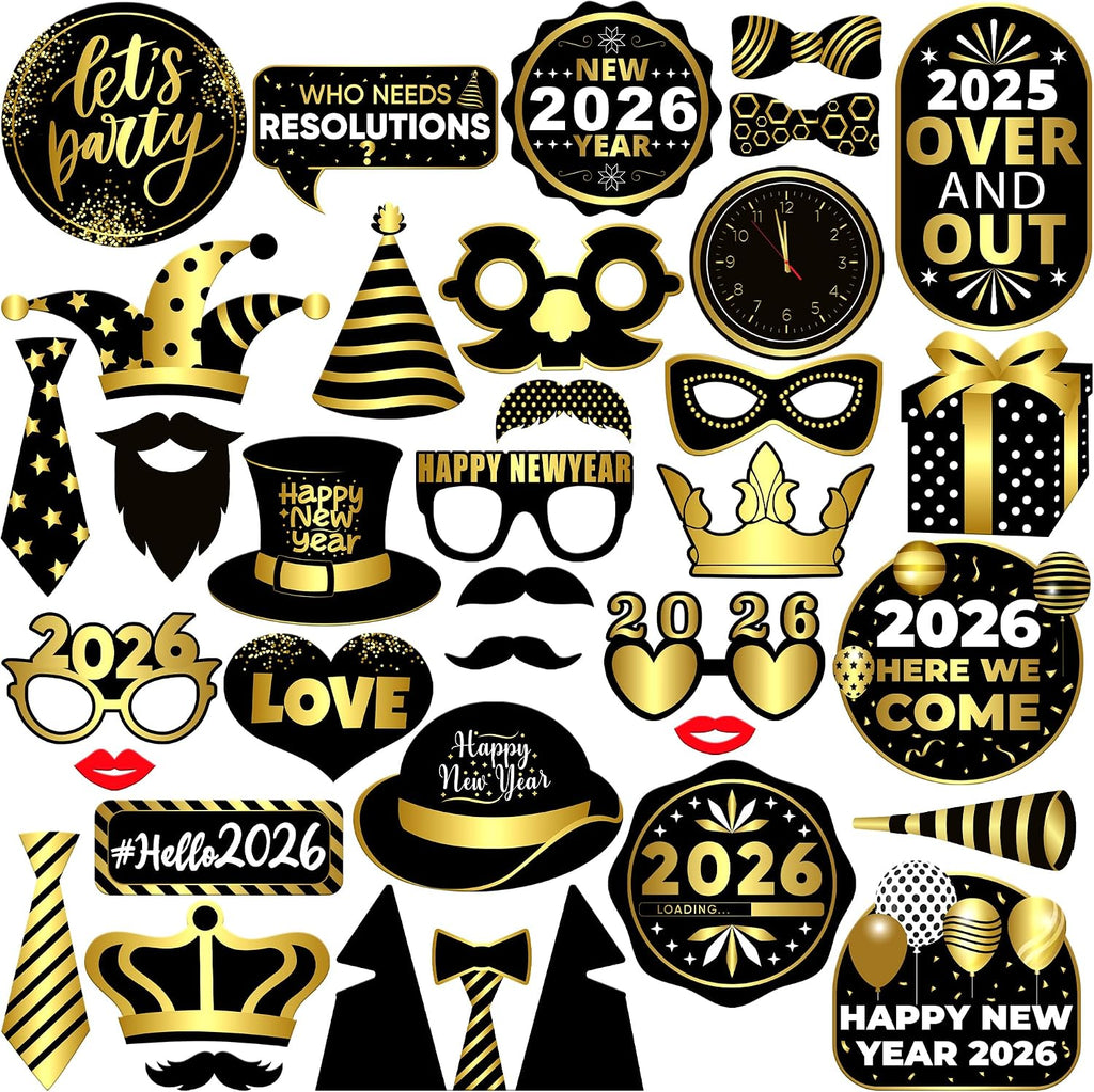 New Years Eve Photo Booth Props 2026, Pack of 35 | Gold and Black New Years Photo Booth Props for Happy New Years