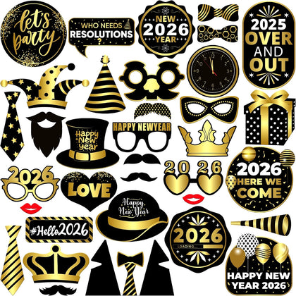 New Years Eve Photo Booth Props 2026, Pack of 35 | Gold and Black New Years Photo Booth Props for Happy New Years