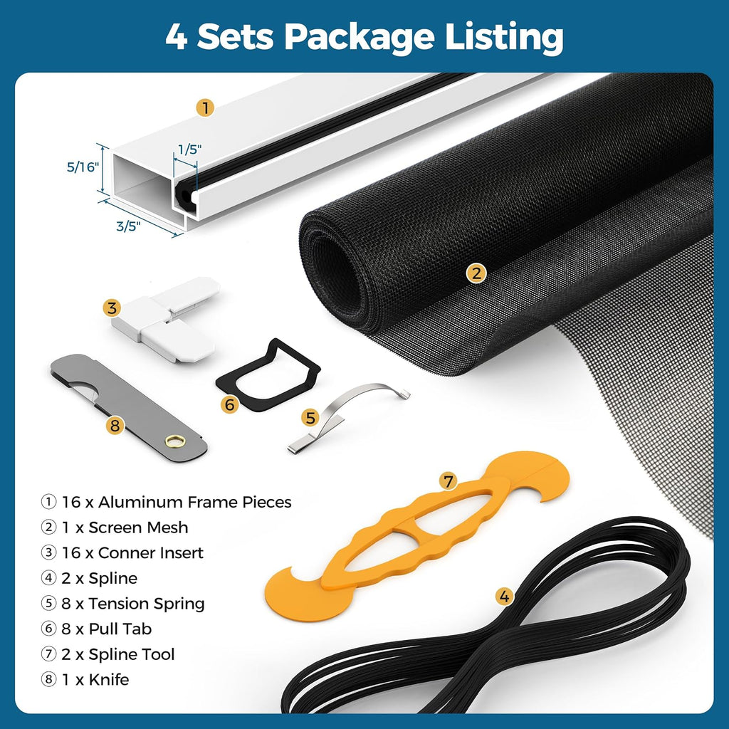 DIY Aluminum Window Screen Frame Kit, 4 Sets, 46 in, White