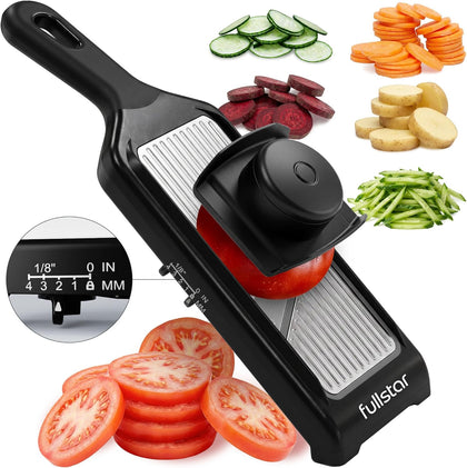 Handheld Mandoline Vegetable Slicer & Julienne Cutter | 2 in 1 Onion, Veggie & Fruit Slicer, 4 Thickness Settings