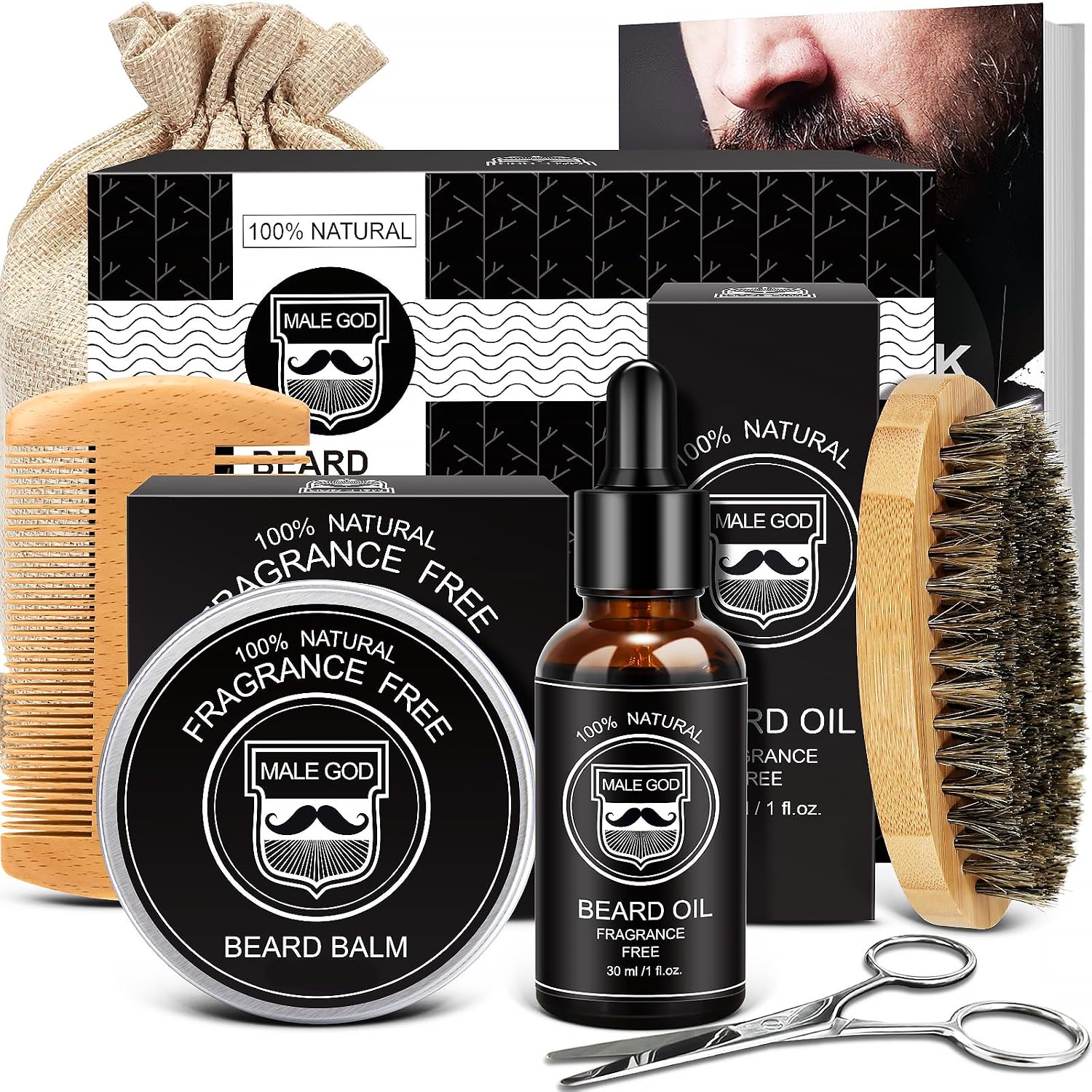 Beard Kit for Men's Grooming & Care, Natural Ingredients Beard Oil, Balm, Brush, Comb, Stocking Stuffers for Adult