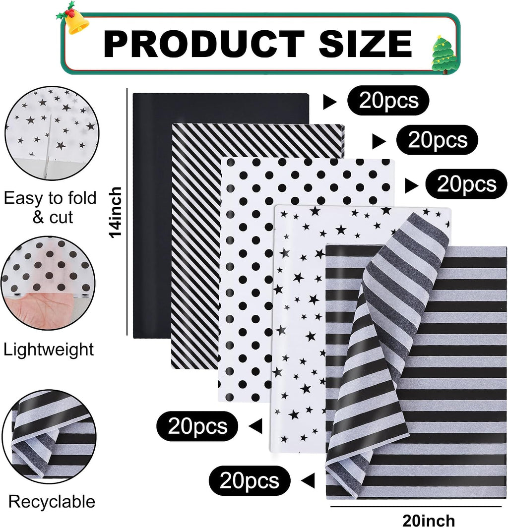 100 Sheets Black White Tissue Paper Bulk for Gift Wrapping Bags