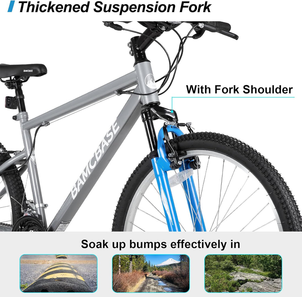 27 Inch Mountain Bike, Mens Womens MTB with 18 Speeds, High-Tensile Steel Frame, V Brake, Hardtail Bicycle for Adults